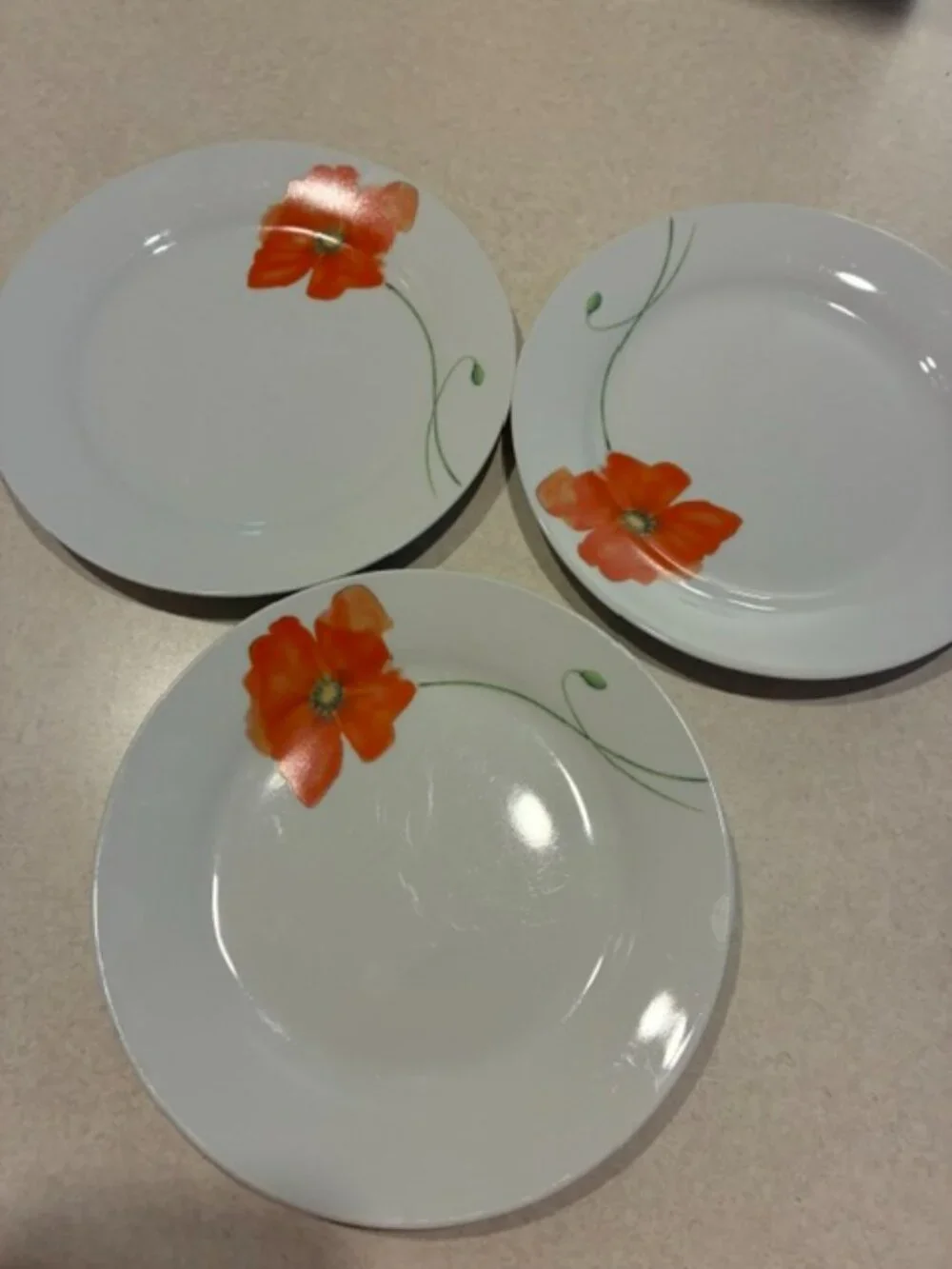 Set of 3 Corsica White Porcelain Orange Poppy 7.5